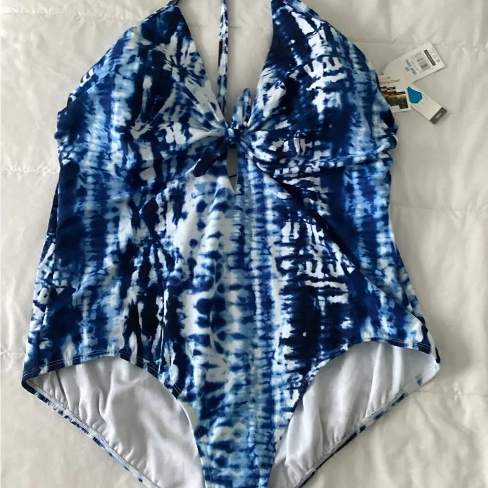 NWT Sz 22 Time Tru tie dye one piece swimsuit, blue, lined, w bust pads.